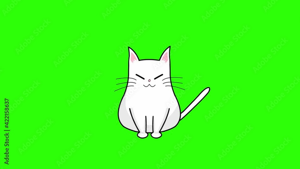 Cartoon character white cat loop animation on green screen. Kawaii anime style. Stock Video
