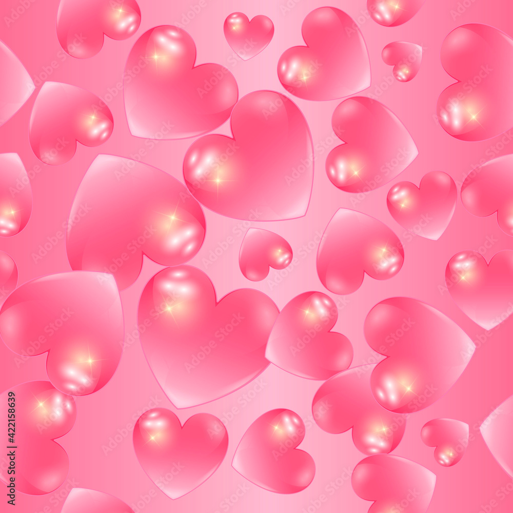3d Love hearts seamless pattern. Vector rose pink background. Ornamental repeat backdrop. Romantic beautiful surface ornament. Shiny 3d love hearts, stars. Luxury design with shadows, light effects