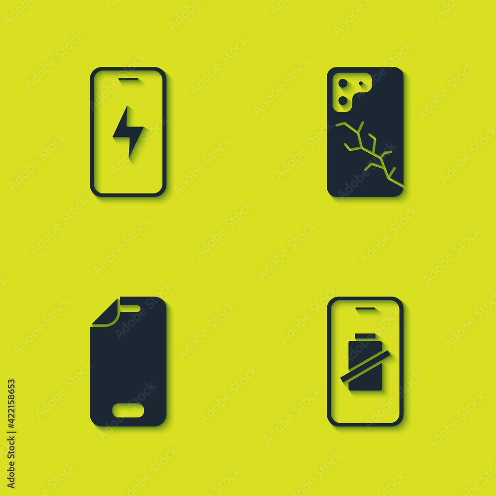 Set Mobile charging battery, Smartphone charge, Glass screen protector and with broken icon. Vector Set Mobile charging battery, Smartphone charge, Glass screen protector and with broken icon. Vector