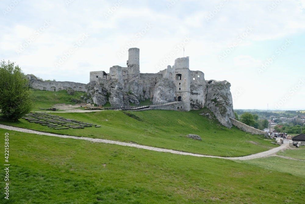 View of the medieval castle at morning light. It is Ogrodzieniec castle on Eagles Nests trail in the Jura region, Krakowsko-Czestochowska Upland,  Poland. 