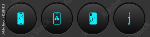 Set Mobile with broken screen, exclamation mark, and Screwdriver icon. Vector