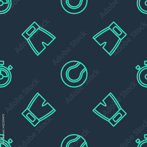 Set line Tennis ball, Boxing short and Stopwatch on seamless pattern. Vector