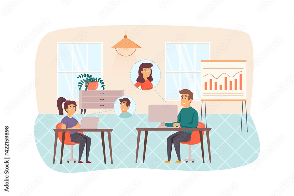 Video conference in office scene. Man and woman make video calls from laptops and communicate with colleagues. Communication technology concept. Vector illustration of people characters in flat design