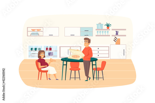 Young family eating at kitchen together scene. Pregnant woman eat pizza with her husband. Pregnancy  childhood  maternity  parenthood concept. Vector illustration of people characters in flat design