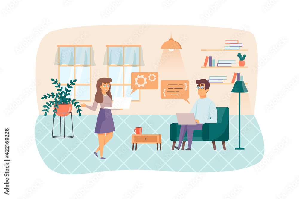 Programmers team testing software and fixing bugs in program code scene. Colleagues working at office and brainstorming. IT industry concept. Vector illustration of people characters in flat design Programmers team testing software and fixing bugs in program code scene. Colleagues working at office and brainstorming. IT industry concept. Vector illustration of people characters in flat design