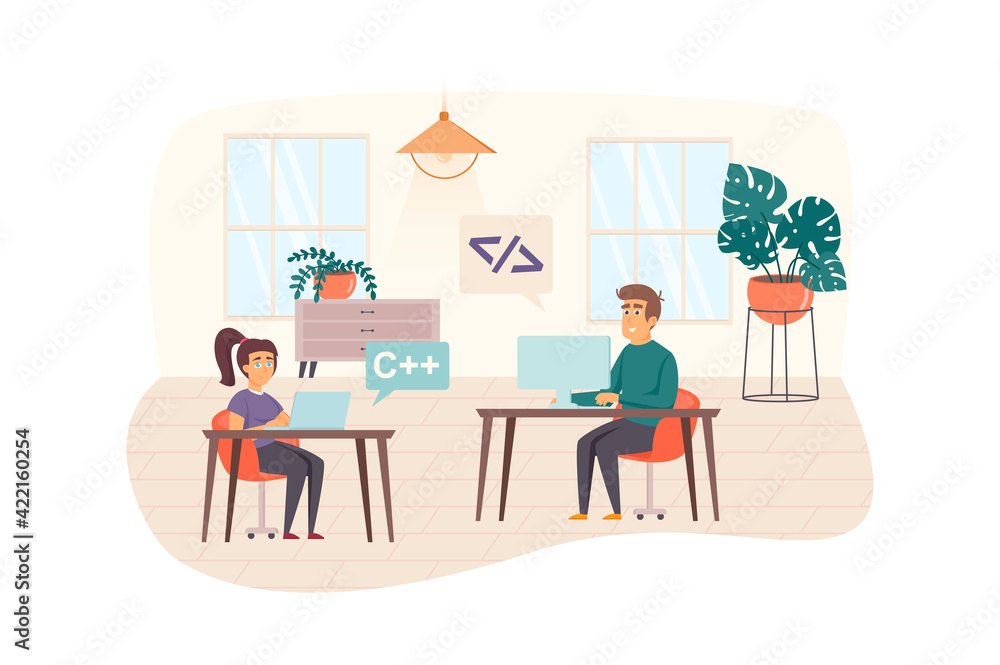 Programmers testing software scene. Teamwork fixing bugs in program code, working on project, brainstorming at office. IT industry concept. Vector illustration of people characters in flat design Programmers testing software scene. Teamwork fixing bugs in program code, working on project, brainstorming at office. IT industry concept. Vector illustration of people characters in flat design