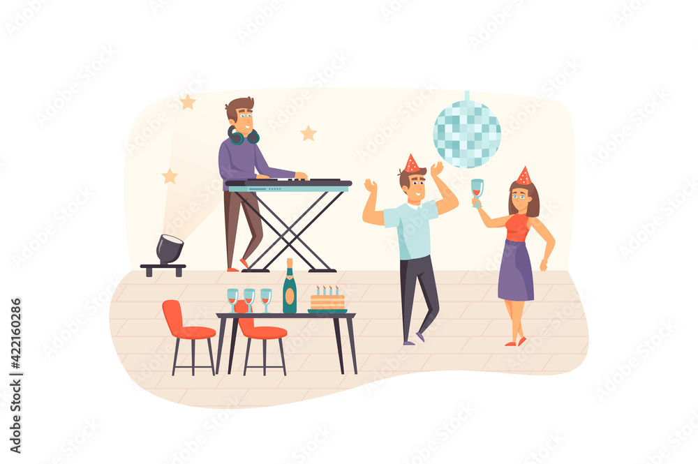 Couple having fun at party scene. Man and woman dancing, drinking wine. DJ plays music at mixing panel. Celebration event of holiday concept. Vector illustration of people characters in flat design