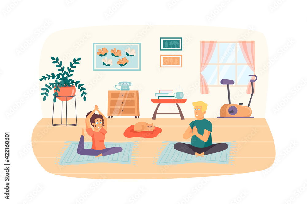 Couple exercising at home scene. Woman practicing yoga asana, man doing lotus pose. Sport activities, meditation, healthy lifestyle concept. Vector illustration of people characters in flat design
