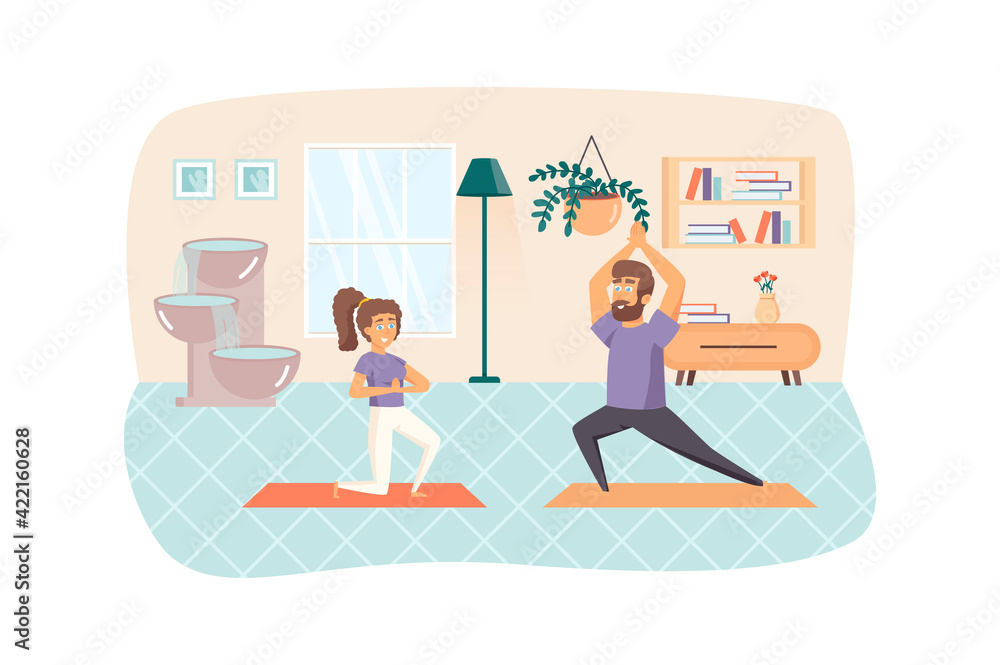 Couple exercising and practicing yoga asanas at home scene. Woman and man training. Sport activities, meditation, healthy lifestyle concept. Vector illustration of people characters in flat design Couple exercising and practicing yoga asanas at home scene. Woman and man training. Sport activities, meditation, healthy lifestyle concept. Vector illustration of people characters in flat design
