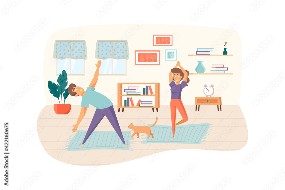 Pair yoga and home workouts scene. Man and woman doing exercise, balance position. Sport activities, meditation, healthy lifestyle concept. Vector illustration of people characters in flat design Pair yoga and home workouts scene. Man and woman doing exercise, balance position. Sport activities, meditation, healthy lifestyle concept. Vector illustration of people characters in flat design