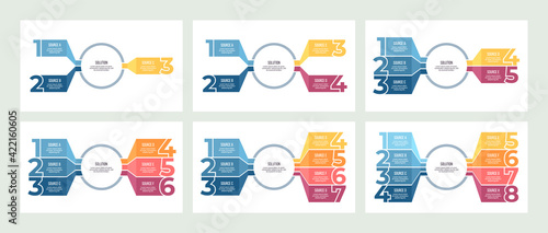 Business infographic. Organization chart with 3, 4, 5, 6, 7, 8 options. Vector template.