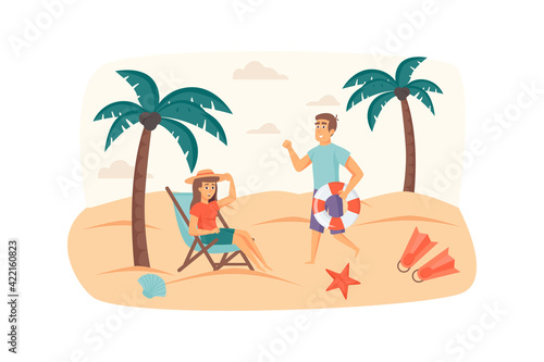 Couple travels together scene. Man and woman resting on beach by sea, lying on sun lounger, sunbathing. Seaside resort, summer rest concept. Vector illustration of people characters in flat design
