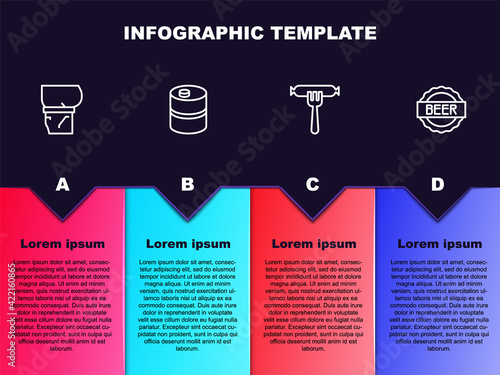 Set line Beer belly, Metal beer keg, Sausage on the fork and Bottle cap with. Business infographic template. Vector