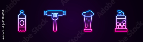 Set line Plastic beer bottle, Sausage on the fork, Glass of and Bottle opener. Glowing neon icon. Vector