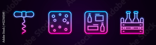Set line Wine corkscrew, Beer bubbles, menu and Pack of beer bottles. Glowing neon icon. Vector