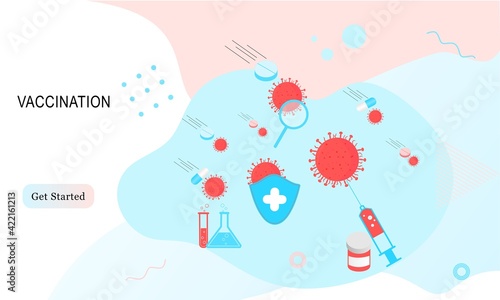 Landing page of vaccination website. Immunization campaign. Health care and protection. Isometric medical treatment. Flat vector illustration for wallpaper, banner, background, card, book illustration
