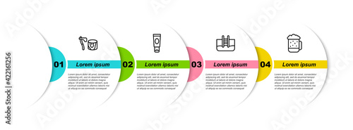 Set line Wooden axe in stump, Cream or lotion cosmetic tube, Swimming pool with ladder and beer mug. Business infographic template. Vector