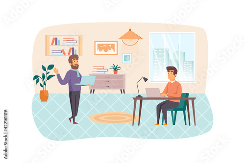 Office manager administers and organizes office work scene. Employee working on laptop. Management, business workflow optimization concept. Vector illustration of people characters in flat design