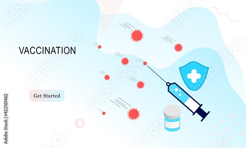 Landing page of vaccination website. Immunization campaign. Health care and protection. Isometric medical treatment. Flat vector illustration for wallpaper, banner, background, card, book illustration