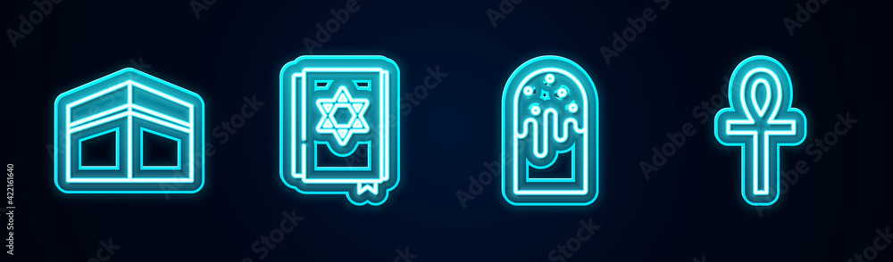 Set line Kaaba mosque, Jewish torah book, Easter cake and Cross ankh. Glowing neon icon. Vector Set line Kaaba mosque, Jewish torah book, Easter cake and Cross ankh. Glowing neon icon. Vector