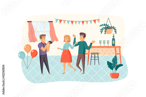 Photographer makes photo shooting at party or event scene. Happy couple posing for photography. Creative profession, best memories concept. Vector illustration of people characters in flat design