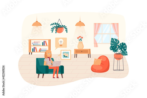 Wallpaper Mural Designer drawing graphics on laptop, creates new ideas, making digital product. Woman working at home scene. Creative profession concept. Vector illustration of people characters in flat design Torontodigital.ca