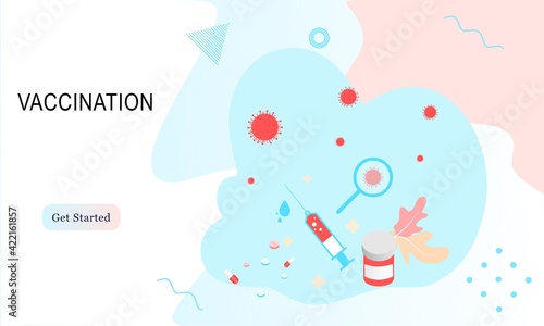 Landing page of vaccination website. Immunization campaign. Health care and protection. Isometric medical treatment. Flat vector illustration for wallpaper, banner, background, card, book illustration