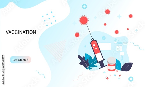 Landing page of vaccination website. Immunization campaign. Health care and protection. Isometric medical treatment. Flat vector illustration for wallpaper, banner, background, card, book illustration