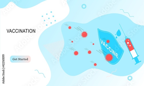 Landing page of vaccination website. Immunization campaign. Health care and protection. Isometric medical treatment. Flat vector illustration for wallpaper, banner, background, card, book illustration