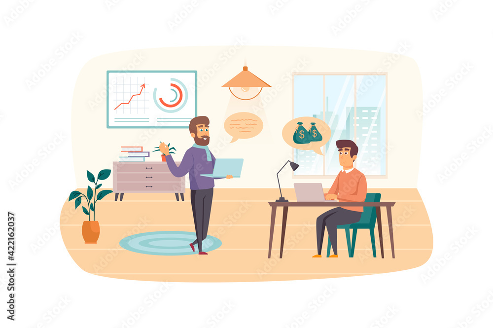Business training scene. Employees learn to improve company financial profit, discuss strategy. Professional skills, career growth concept. Vector illustration of people characters in flat design Business training scene. Employees learn to improve company financial profit, discuss strategy. Professional skills, career growth concept. Vector illustration of people characters in flat design