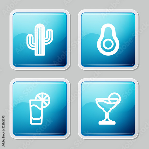 Set line Cactus, Avocado fruit, Tequila glass with lemon and Margarita cocktail icon. Vector