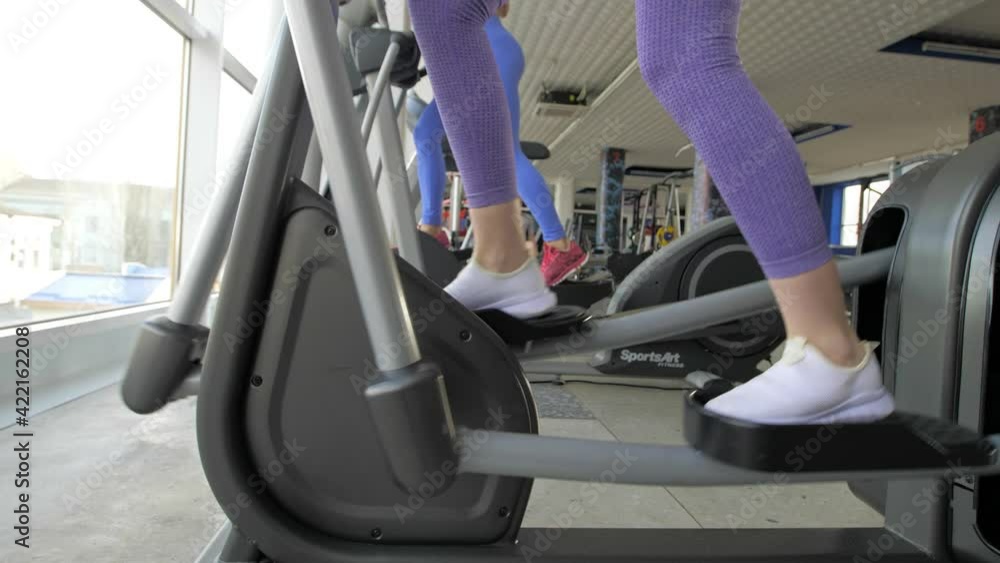 Beautiful sport girls are engaged on a simulator in the gym. Achieving goals, sports motivation Beautiful sport girls are engaged on a simulator in the gym. Achieving goals, sports motivation