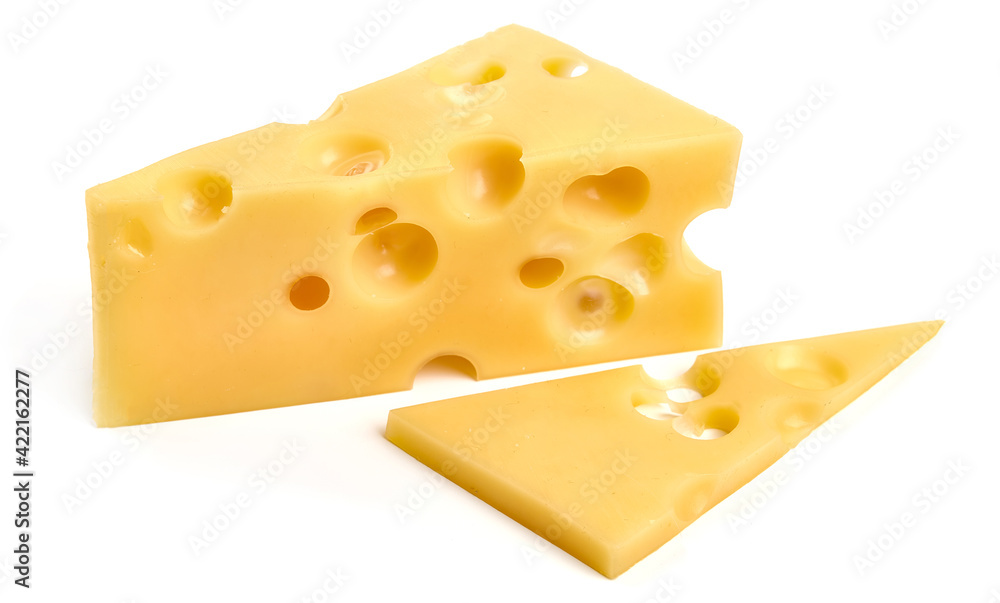 Emmental cheese triangle, Swiss cheese, isolated on white background. High resolution image Emmental cheese triangle, Swiss cheese, isolated on white background. High resolution image