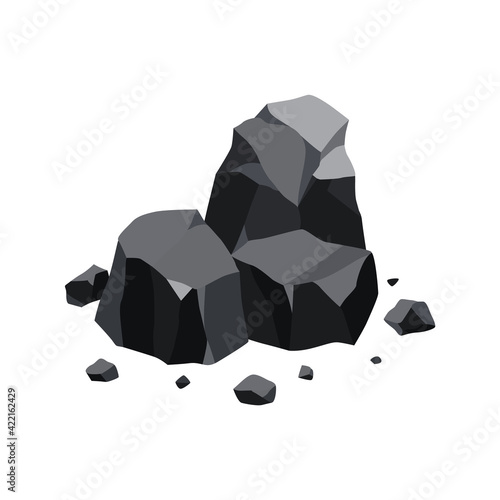 Pile of coal. Fossil stone of black mineral resources. Polygonal shapes. Rock stones of graphite or charcoal. Energy resource icon
