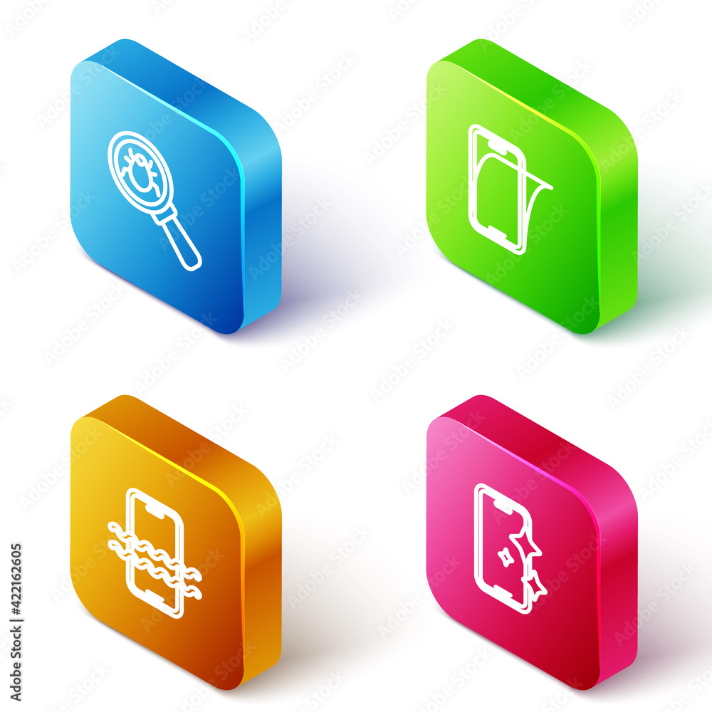 Set Isometric line System bug, Glass screen protector, Waterproof phone and icon. Vector Set Isometric line System bug, Glass screen protector, Waterproof phone and icon. Vector