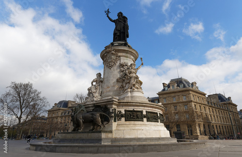 View of the Republique Statue in Republic square in Paris, France .
