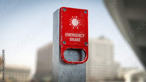 Red Emergency Brake Handle with Corona Virus in front a blurred urban background (ID: 422163414)