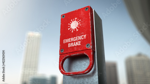 Red Emergency Brake Handle with Corona Virus in front a blurred urban background from the right side
 (ID: 422163434)