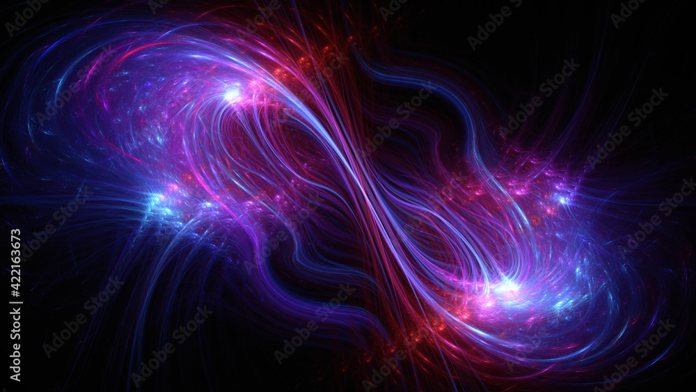 Abstract background, smooth multicolored lines on a black background.
