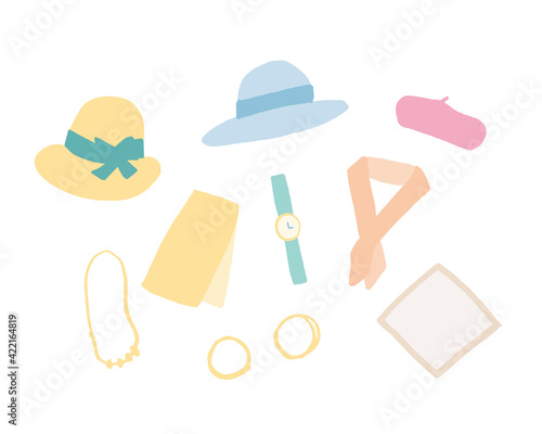 おしゃれな春小物イラスト、帽子、時計、アクセサリー、スカーフ　Fashionable spring accessory illustrations, hats, watches, accessories, scarves