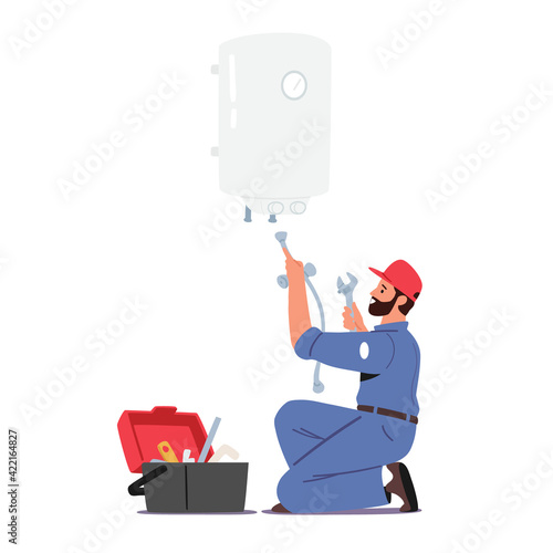 Call Master in Robe with Toolbox Install Boiler or Heater. Husband for an Hour Repair Service, Worker with Wrench