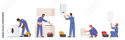Set of Plumber Male Characters Repair Broken Technics Washing Machine, Sink, Heater and Heating Pipes. Plumbing Handyman