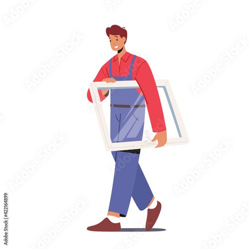 Worker in Overalls Carry Glass in Frame for Installing Plastic Window in Apartments. Contractor Male Character Working
