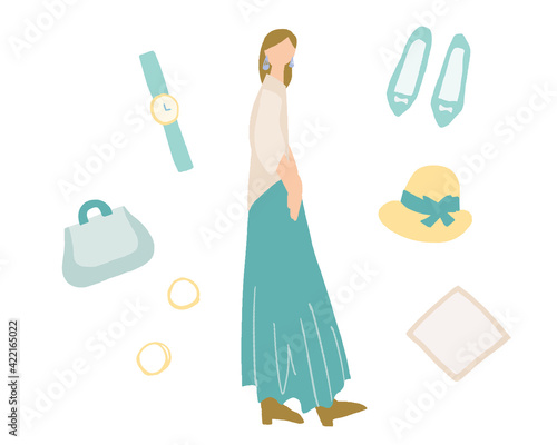 おしゃれな女性の人物イラスト　コーディーネートする服、雑貨　Fashionable female figure illustrations Coordinating clothes and miscellaneous goods