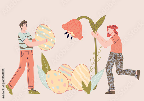 Easter holiday banner backdrop with people, easter eggs and flowers. Design for web banner, website or card, flat cartoon vector illustration.