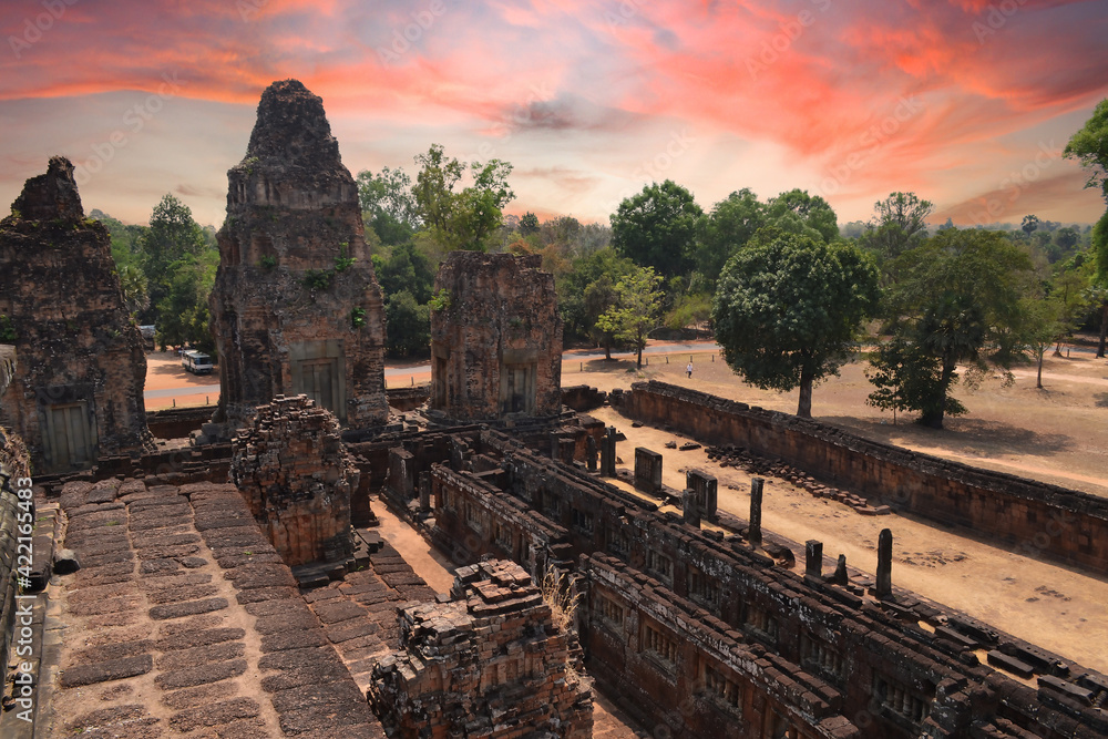 Pre Rup Eastern Mebon Khmer architecture of Angkor wat Lost ancient Khmer city in the jungle in Siem Reap Cambodia.The majestic Hindu pyramid of the ancient empire.Sunset view of spires of temple