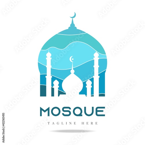 Blue Mosque palace Logo icon arab islamic vector.Sign ramadan Quran silhouette muslim tower architecture dome.Arabian agency real estate.Template Vector Emblem desert wavy lines background in dome
