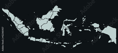 Contour vector map of Indonesia with the designation of the administrative borders of the regions on a dark background.