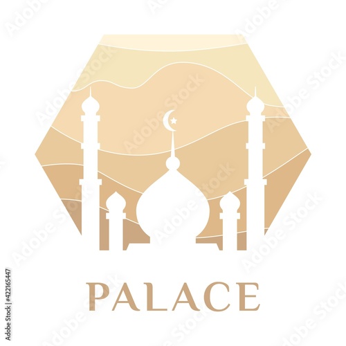 Blue Mosque palace Logo icon arab islamic vector.Sign ramadan Quran silhouette muslim tower architecture dome.Arabian agency real estate.Template Vector Emblem desert wavy lines background in dome
