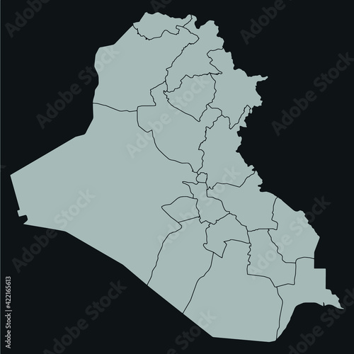 Contour vector map of Iraq with the designation of the administrative borders of the regions on a dark background.